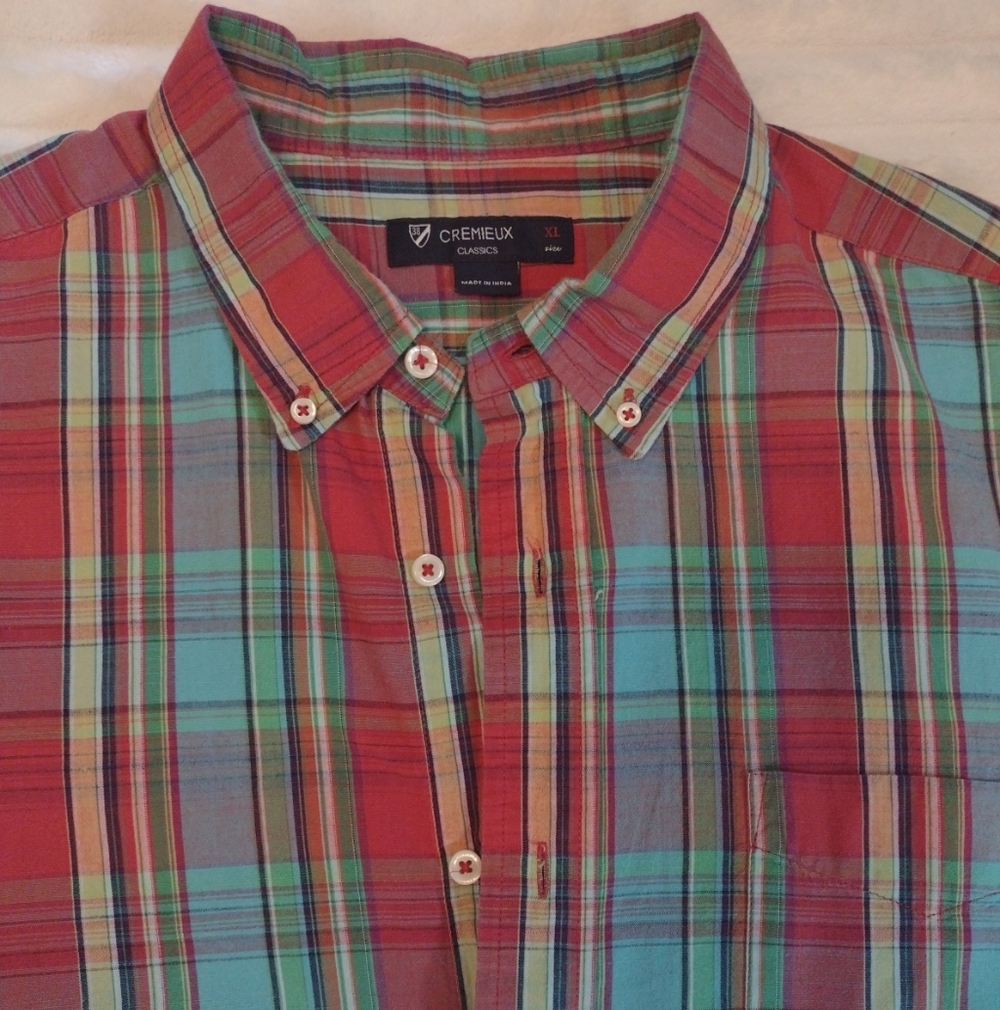 Cremieux Madras Button-Down SS Shirt Men's XL Multicolor Plaid Preppy Coastal